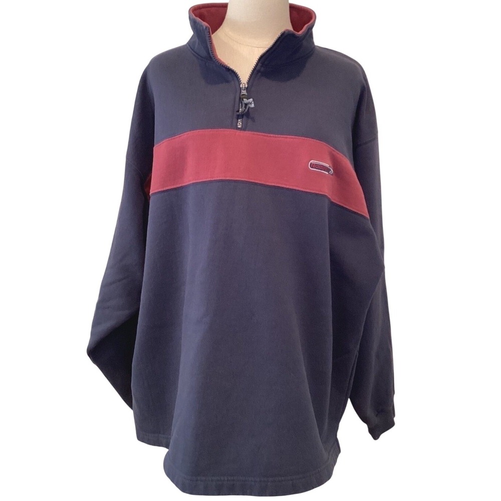 Reebok Mens XXL Quarter Zip Sweatshirt Navy Blue‎ Red Stripe Fleece Pullover